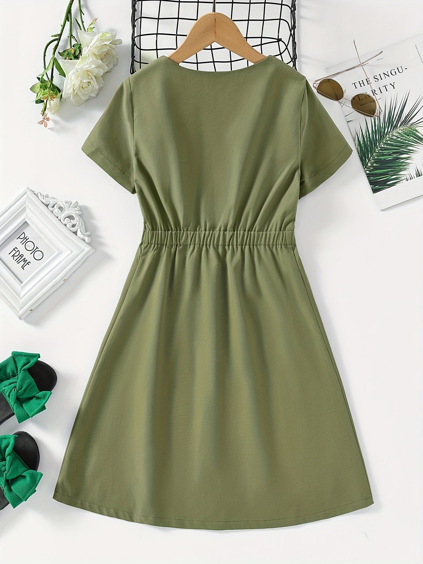 Girls V Neck Button Down Tunic Dress With Pockets