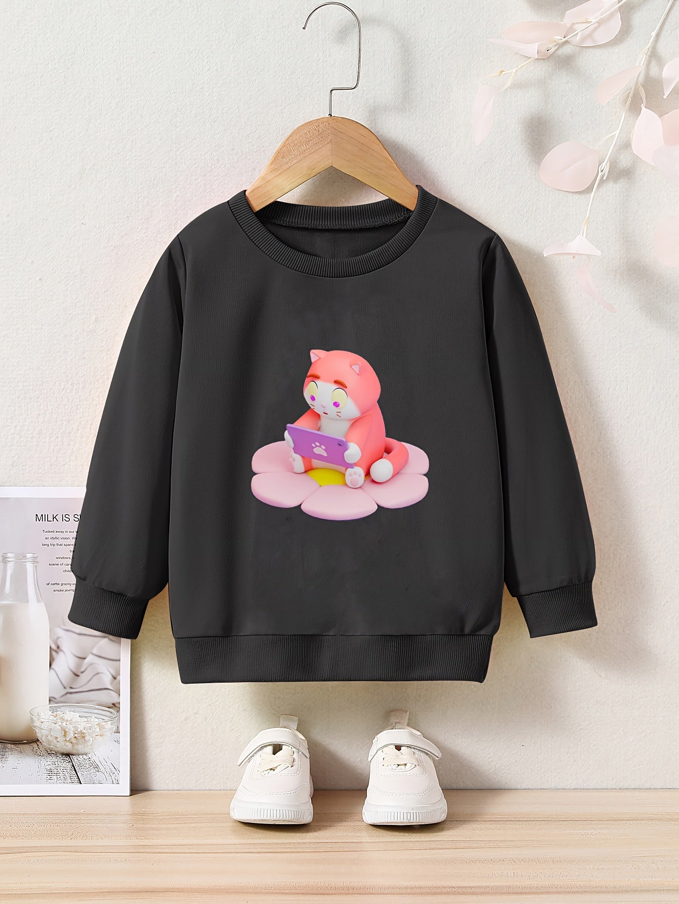 Cartoon Cat Print Girls Pullover Sweatshirt Long Sleeve Crew Neck Tops