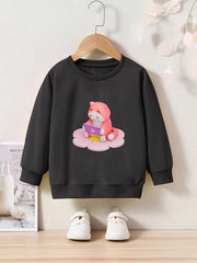 Cartoon Cat Print Girls Pullover Sweatshirt Long Sleeve Crew Neck Tops