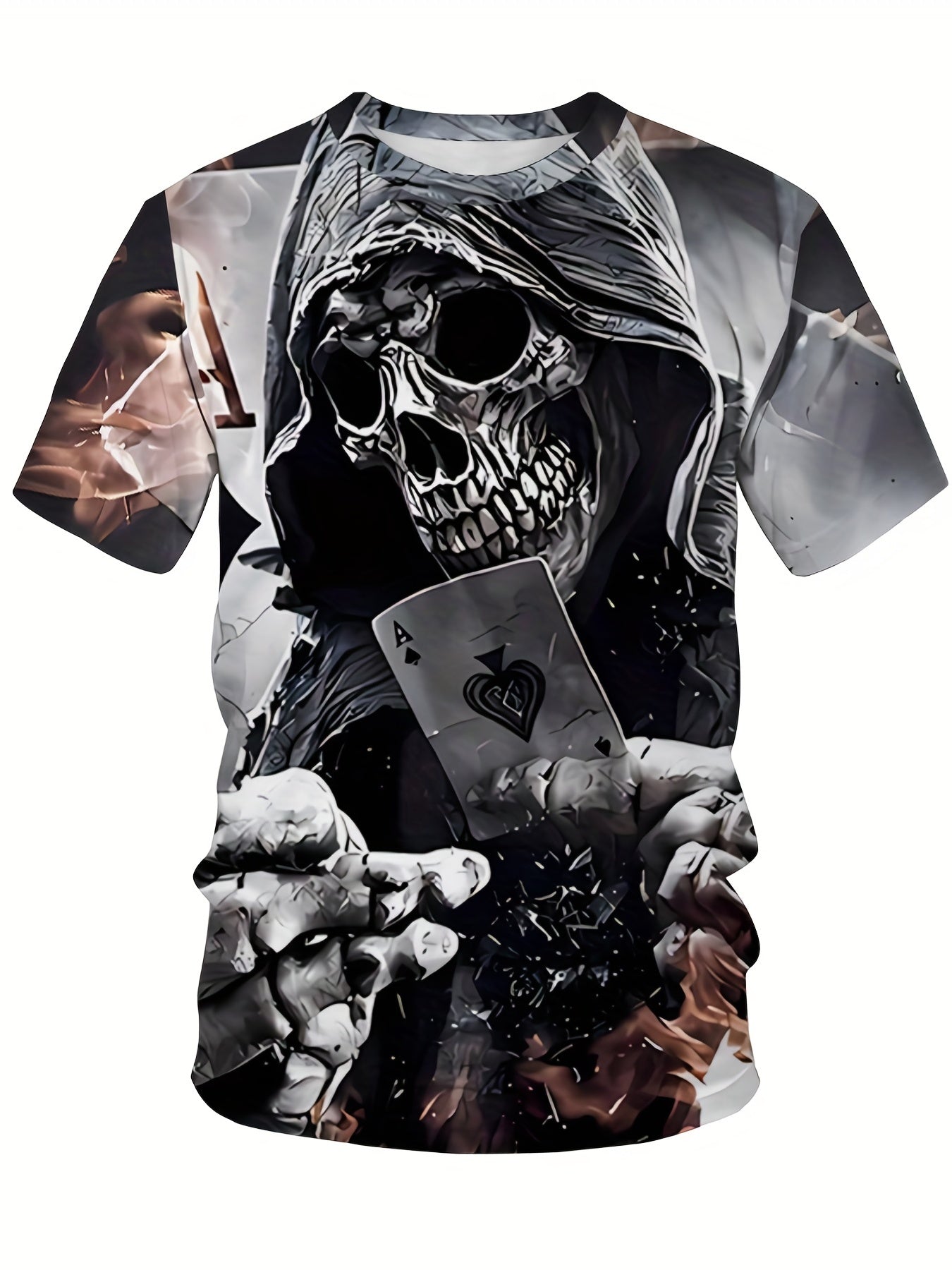 Men's 3D Death & Poker Card Print T shirt Casual Comfy Crew Neck Tee