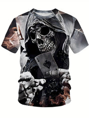 Men's 3D Death & Poker Card Print T shirt Casual Comfy Crew Neck Tee