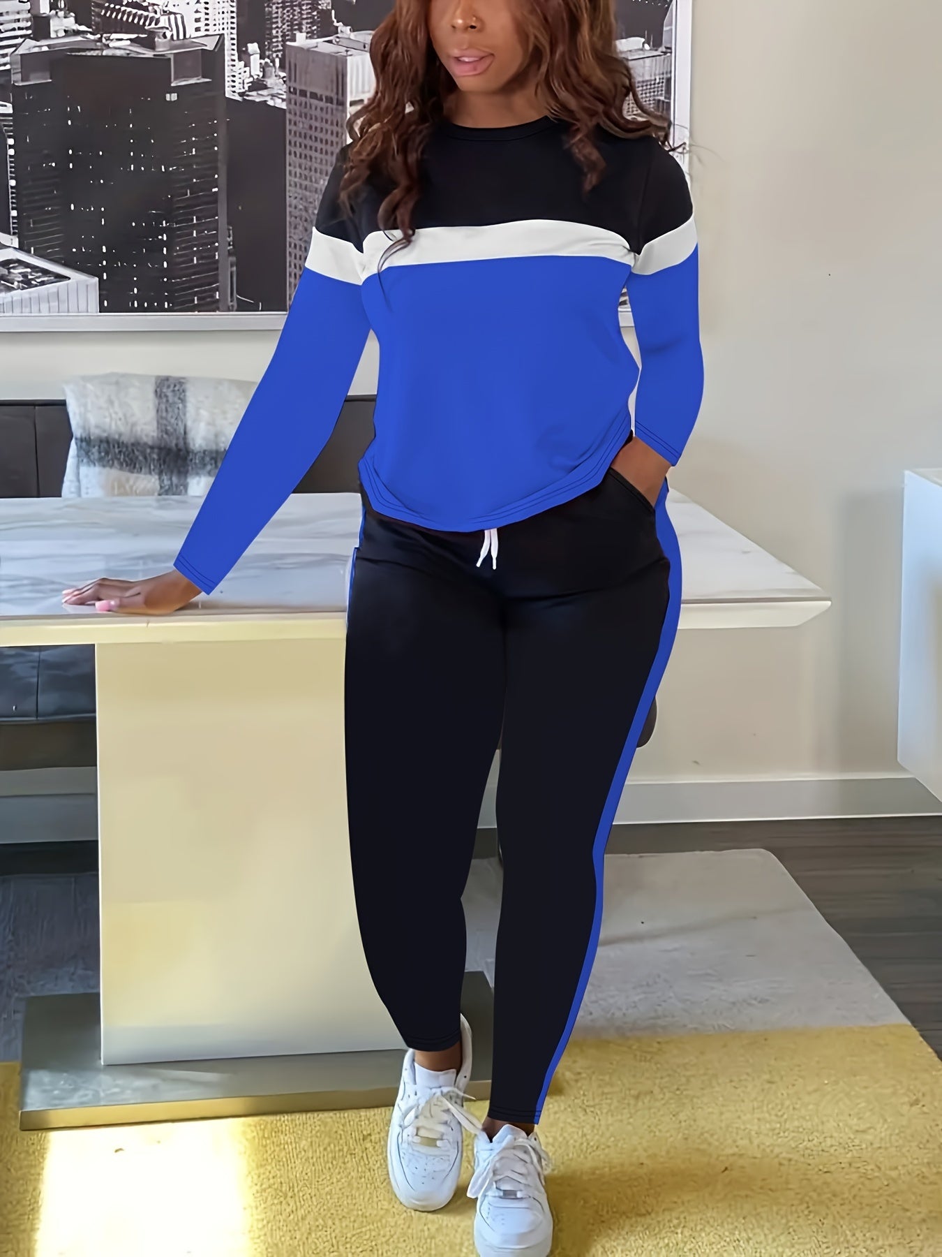 Colorblock Stripe Print Top & Pants Set