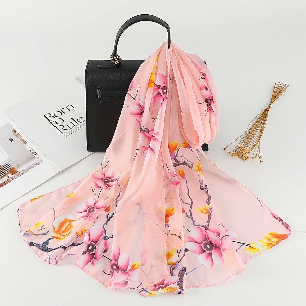 Chiffon Scarf Flower Branch Print Shawl Windproof Head Wrap Travel Beach Towel