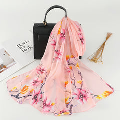 Chiffon Scarf Flower Branch Print Shawl Windproof Head Wrap Travel Beach Towel