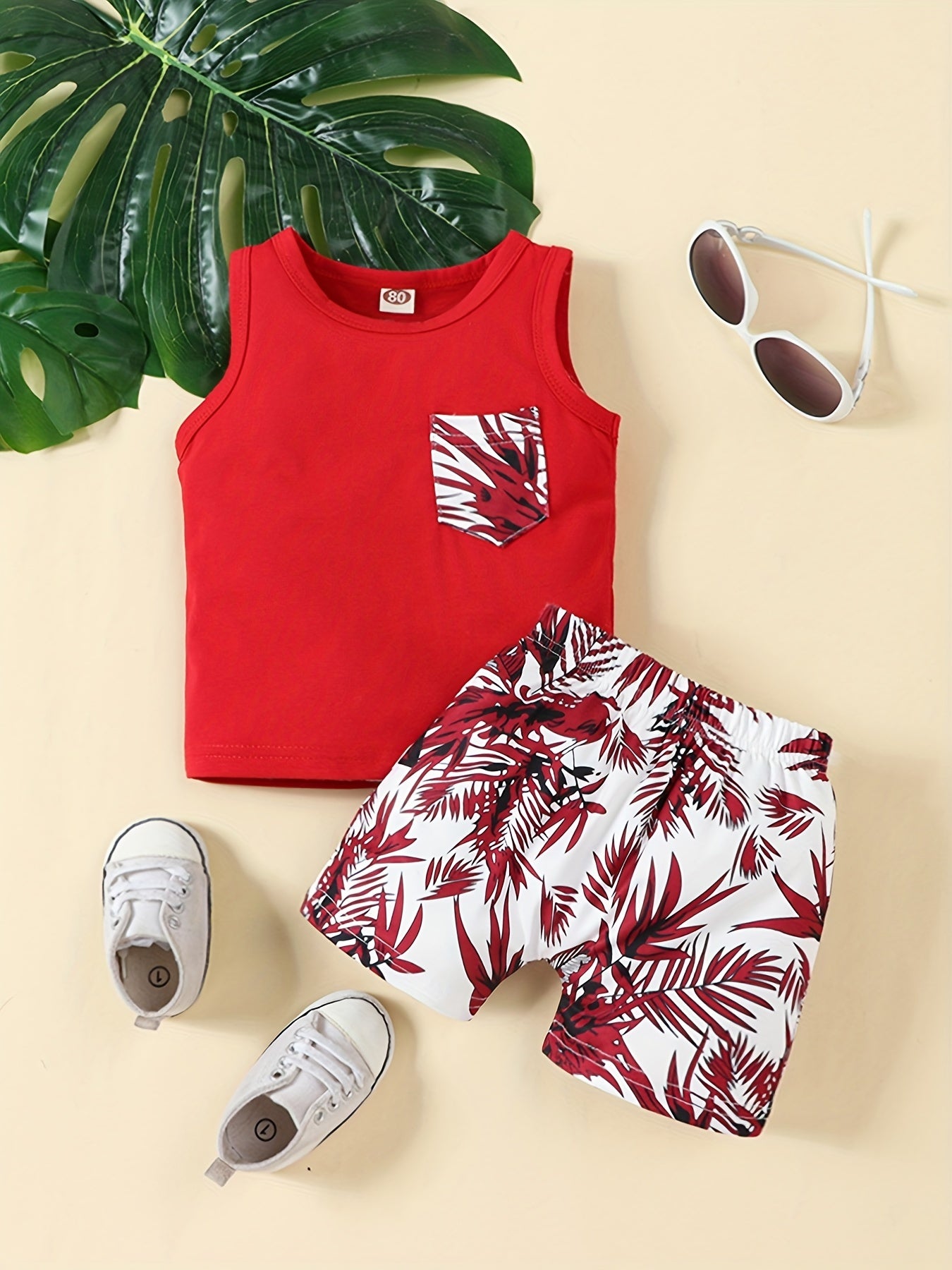 Baby Girls Leaf Print Tank Top & Shorts Set for Summer Beach