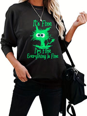 Cartoon Cat Sweatshirt Casual Crew Neck Women's Clothing