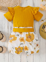 2PCS Baby Girl Summer Outfit Ruffle Letter Tops Floral Shorts Set