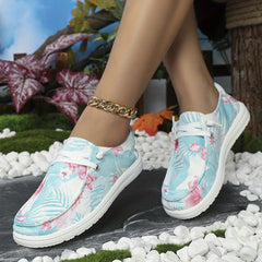 Floral & Leaf Printed Canvas Lace-Up Flat Shoes