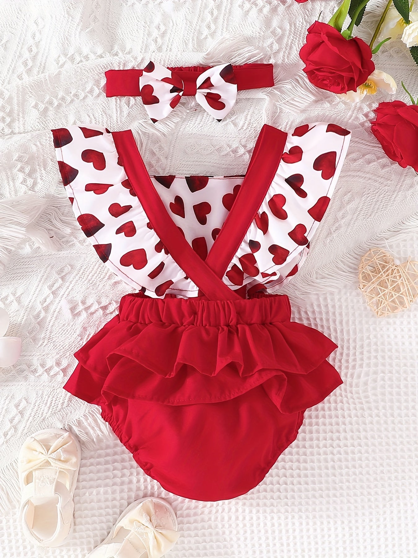 Newborn Infant Heart Print Romper & Bow Headband Set For Baby Girls