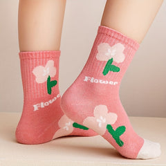 Girls Pink Flowers Strawberry Pattern Crew Socks for Autumn