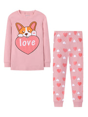 Cartoon Dog Print Cotton Pajama Set LOVE Print Top & Pants
