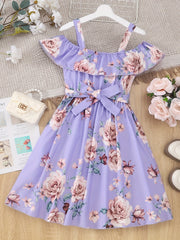 Toddler Girls Sunflower Graphic Cold Shoulder Belted Princess Dress