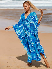 Tie Dye Bat Sleeve V Neck Cover Up Dress