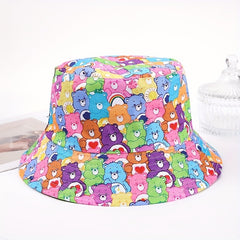 Cartoon Bear Print Bucket Hat Block Pink Basin Hat Lightweight Sun Shade Fisherm