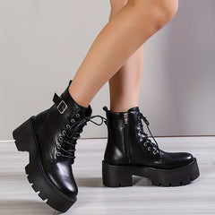 Women's Platform Combat Boots Lace Up Chunky Heel Ankle Boots