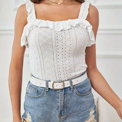 Eyelet Ruffle Trim Tank Top Summer Sleeveless Vacation Top