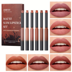 6Pcs Waterproof Lip Liner & Lipstick Set Kit Chestnut Nude Dark Brown Matte Red