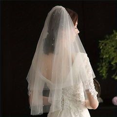 Double Layer Long Head Veil Faux Pearl Mesh Bridal Wedding Hair Accessories