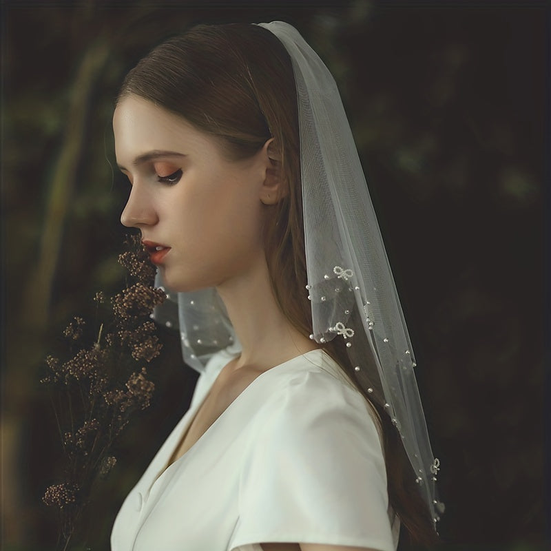 Double Layer Bridal Head Veil Comb Faux Pearl Wedding Hair Accessory