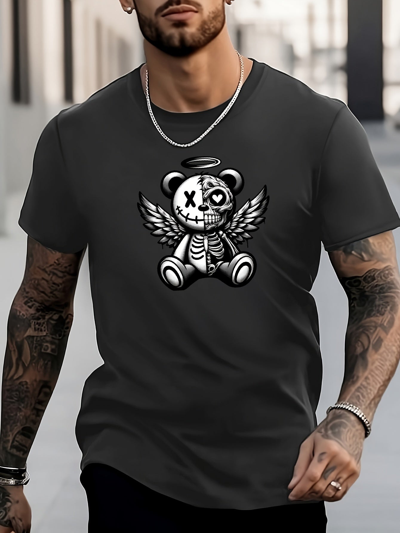 Men's Bear Pattern Shirt Casual Short Sleeve Tee Top