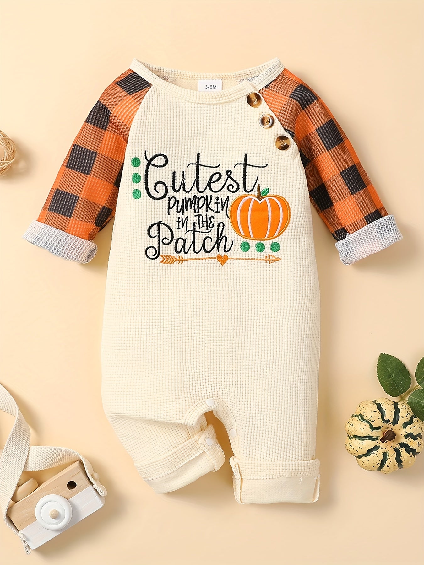 Baby Boy Halloween Plaid Pumpkin Embroidered Romper Outfit