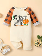 Baby Boy Halloween Plaid Pumpkin Embroidered Romper Outfit