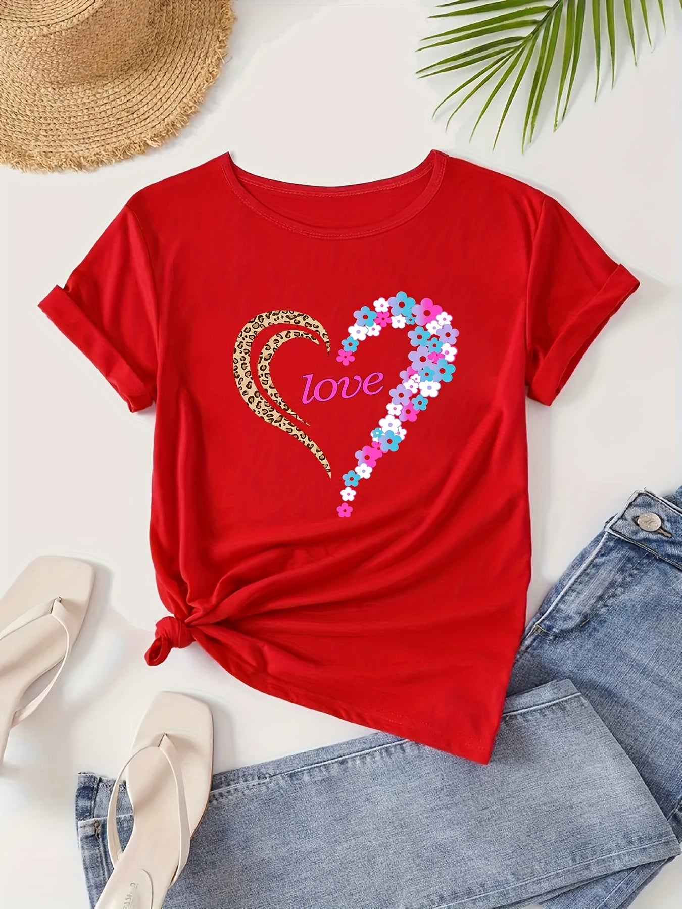 Floral Leopard Print Casual T Shirt Round Neck Short Sleeves Soft Sporty