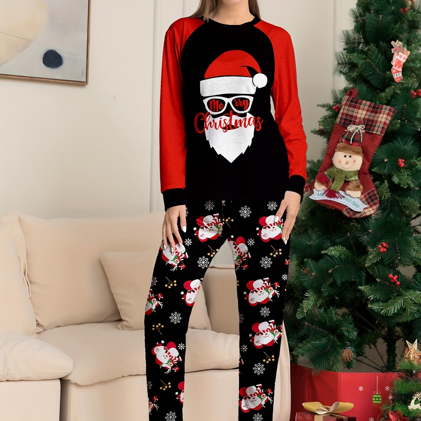 Christmas Print Pajama Set Long Sleeve Top & Pants Women's Sleepwear