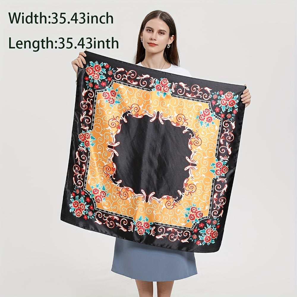 Vintage Floral Print Square Scarf Satin Shawl Women Head Wraps