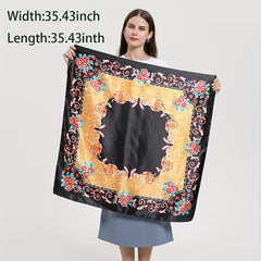 Vintage Floral Print Square Scarf Satin Shawl Women Head Wraps