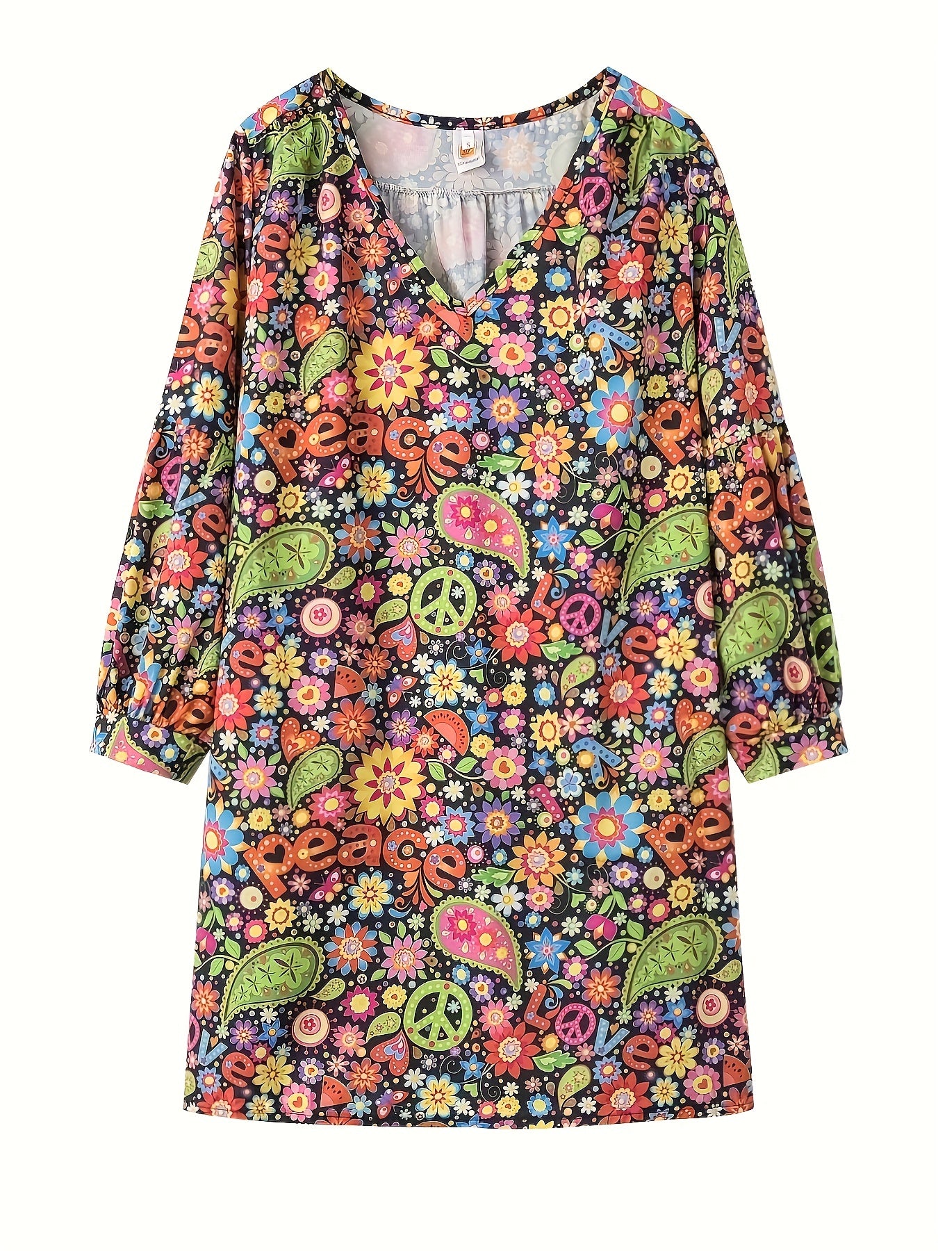 Retro Floral V-Neck Long Sleeve Dress for Women