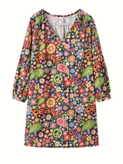 Retro Floral V-Neck Long Sleeve Dress for Women