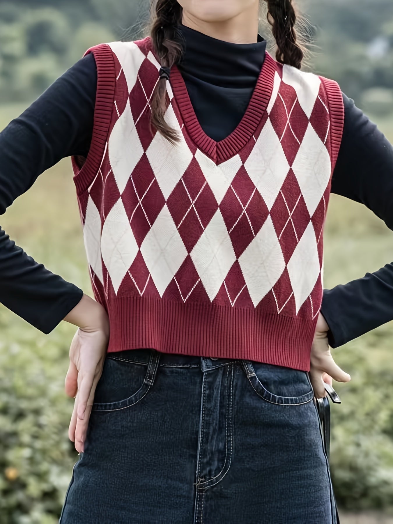 Argyle Plaid Sweater Vest V neck Sweater Vest For Fall & Winter