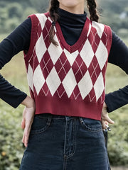 Argyle Plaid Sweater Vest V neck Sweater Vest For Fall & Winter
