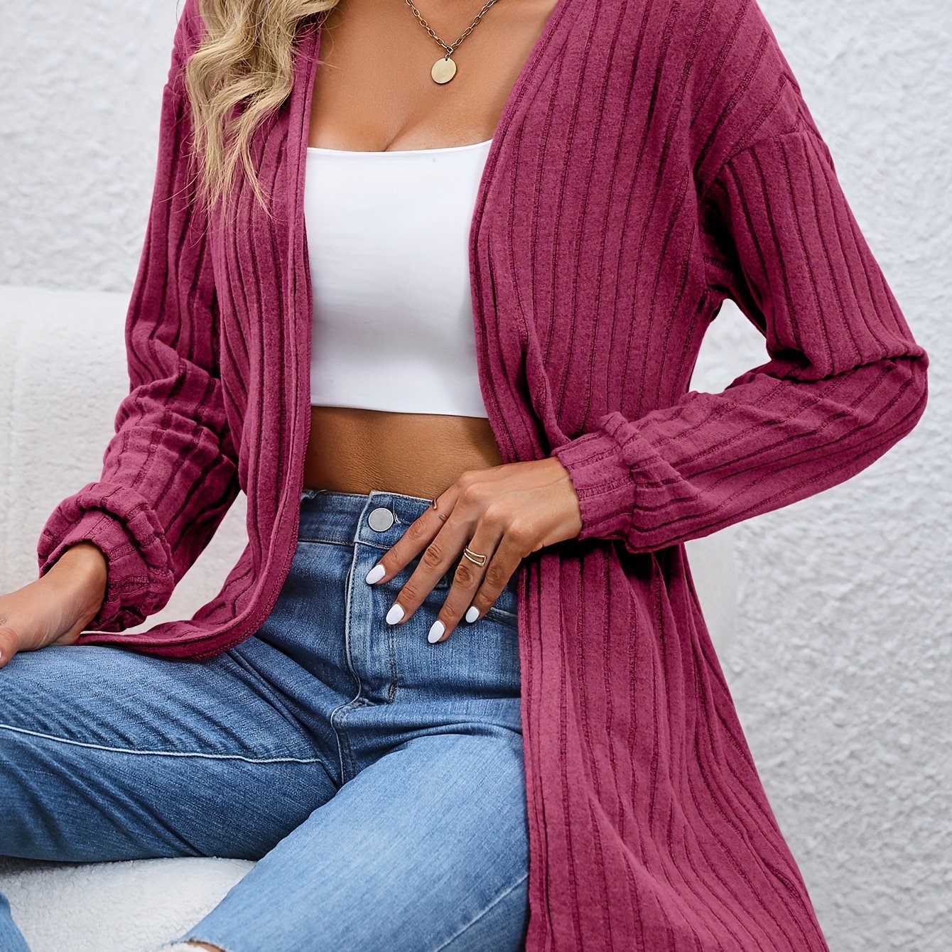 Solid Lantern Sleeve Cardigan Coat for Women