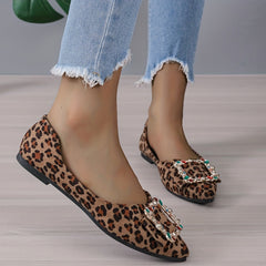 Women's Rhinestone Point Toe Slip On Leopard Print Flats