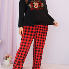 Plus Size Xmas Pajamas Set Women's Crew Neck Tee & Plaid Pants Lounge 2 Piece