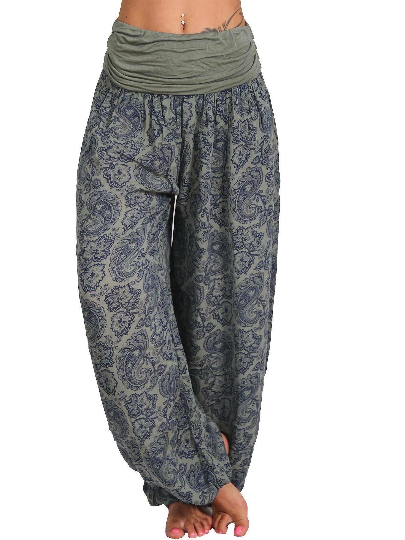 Boho Paisley Floral Print Harem Pants Elastic Waist Spring Summer