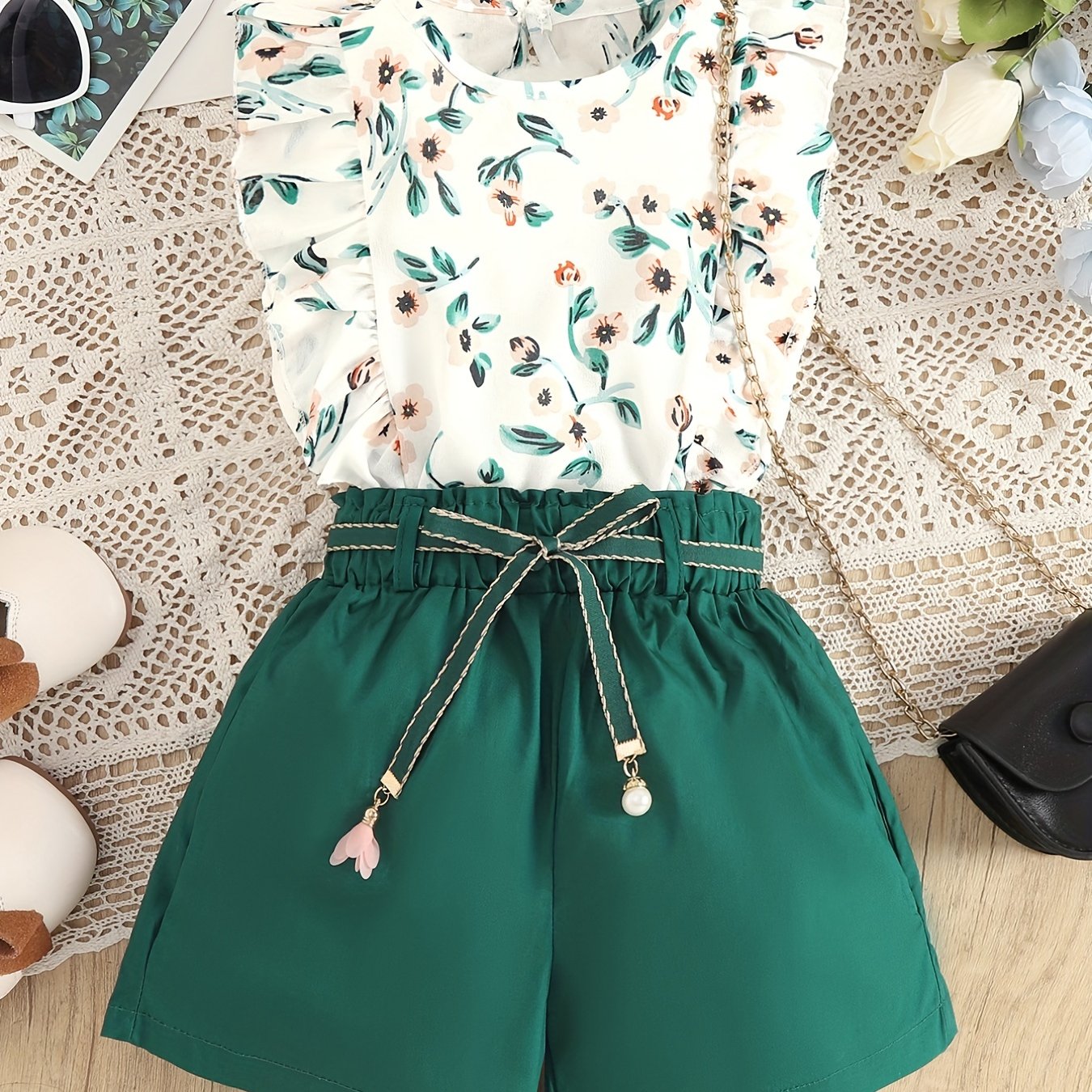 3pcs Girls Casual Lace Flying Sleeve Flower Top & Loose Shorts Summer Kids