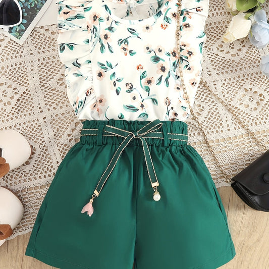 3pcs Girls Casual Lace Flying Sleeve Flower Top & Loose Shorts Summer Kids