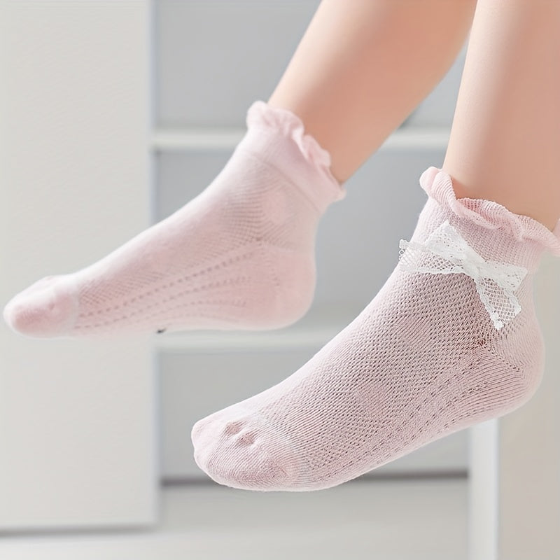 5pairs Girls Casual Knit Flower Print Ruffled Socks Thin Mesh for Spring