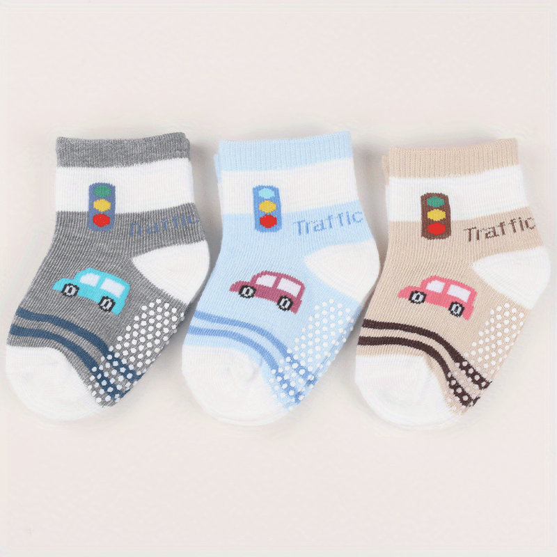 3 Pairs Non-slip Socks for 0-2 Year Old Boys - Little Train & Polka Dot Pattern