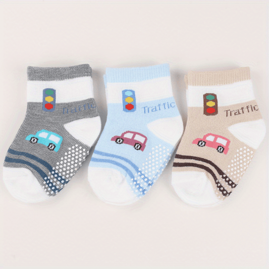 3 Pairs Non-slip Socks for 0-2 Year Old Boys - Little Train & Polka Dot Pattern