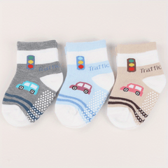 3 Pairs Non-slip Socks for 0-2 Year Old Boys - Little Train & Polka Dot Pattern