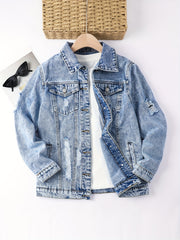Ripped Holes Denim Jacket Long Sleeves Flap Pockets Lapel Women's Denim Coats