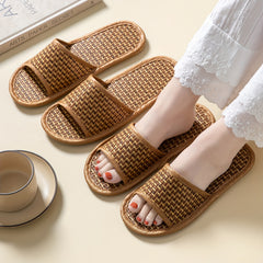 Women's Linen Flat Slides Open Toe Rattan Shoes Non Slip