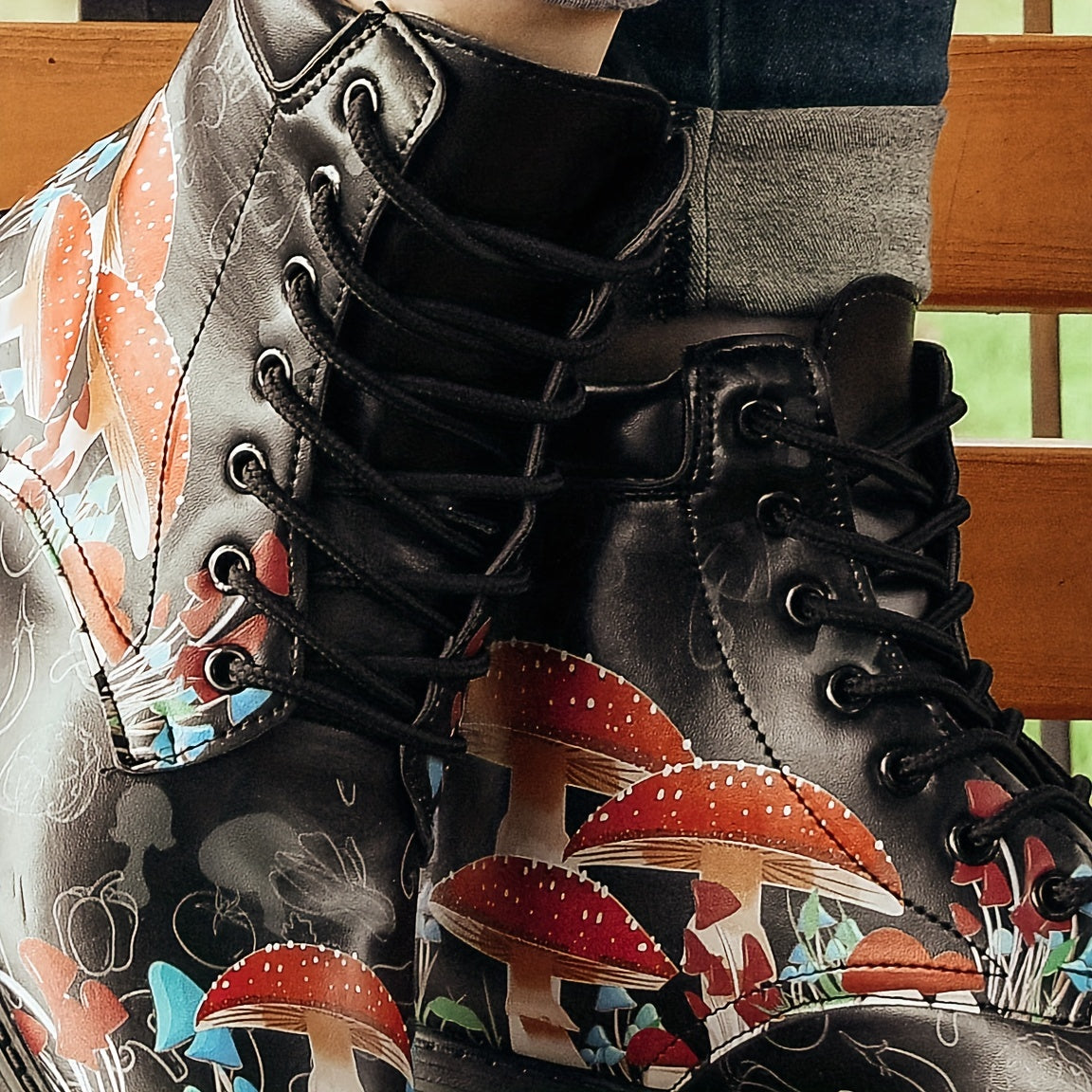 Women's Mushroom Printed Boots Halloween Lace Up Ankle Combat Boots