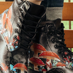 Women's Mushroom Printed Boots Halloween Lace Up Ankle Combat Boots