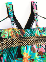 Tropical Floral Print V Neck Two Piece Set Tankini Swimsuit