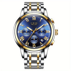LIGE Golden Men Watches Waterproof Steel Bracelet Wristwatch